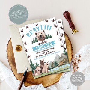 Bear Wild One Birthday Party Invitation Birthday Party Invitation for Boy Woodland Mountains Grizzly Bear Rustic 1st Birthday Printable 334