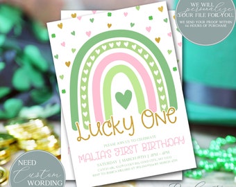 Lucky One Birthday Invitation St. Patrick's Day First Birthday Invitation Green Rainbow Birthday 1st Birthday Party Girl 310
