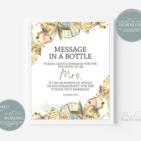Message In a Bottle Sign, Seashell Bridal Shower, Nautical Message in a Bottle, Advice for the Future Mrs., Instant Download, 124