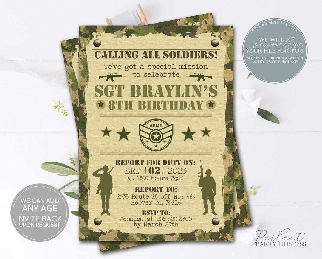 Military Birthday Invitation Boy Army Birthday Party Solider Birthday