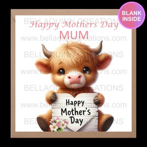 Carte de vache Highland fête des mères, cartes de voeux, fête des mères, maman, maman, jolie vache, vache Highland, jolie vache Highland