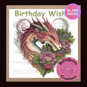 Verjaardagskaart draken – fantasiewenskaart – blanco binnenkant – paarse draak met bloemen – kaart mythisch wezen – kaart voor hem of haar