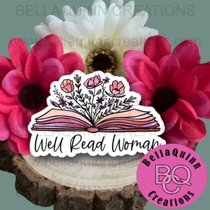 Sticker vinyle livre floral Well Read Woman - Sticker découpé mat imperméable - Sticker vinyle livre