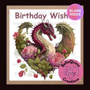 Biglietto di compleanno con drago – Biglietto di auguri fantasy – Interno vuoto – Drago viola con fiori – Biglietto con creatura mitica – Biglietto per lui o per lei