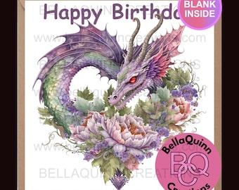Dragon Birthday Card – Fantasy Greeting Card – Blank Inside – Purple Dragon with Flowers – Mythical Creature Card –  Card for Him or Her