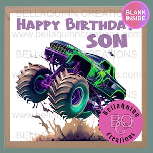 Tarjeta de cumpleaños para hijo de Monster Truck, tarjeta de felicitación, deseos de cumpleaños, para él, camión Big Foot, tarjeta de mejores deseos