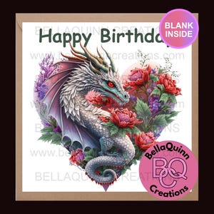 Verjaardagskaart draken – fantasiewenskaart – blanco binnenkant – paarse draak met bloemen – kaart mythisch wezen – kaart voor hem of haar