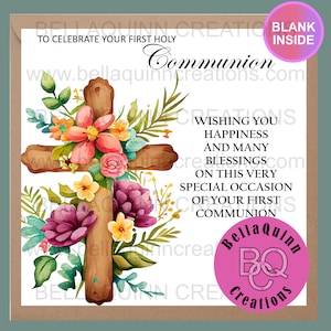 First Holy Communion Greeting Card, Catholic Holy Communion, Card, Celebration Card, Cross with Flowers,
