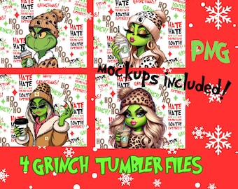 May include: Four Grinch-themed tumbler designs on a red background with snowflakes. Each design features a Grinch character with a coffee cup, wearing a hat and stylish clothing. Text includes "Hate", "Grinchmas", and "Mockups Included!"