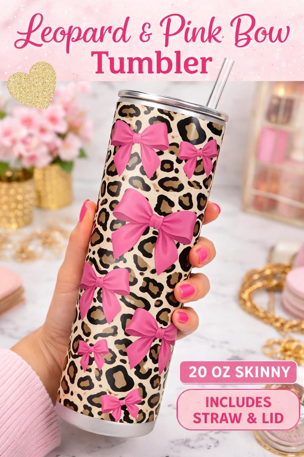 Leopard Pink Bow 20oz Skinny Tumbler PNG | Coquette Leopard Wrap Design ...