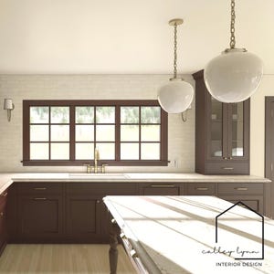 May include: A kitchen interior with dark brown cabinets, a white countertop, and a stainless steel stove. Two white globe pendant lights hang above the countertop. A large window with a dark brown frame is in the background.