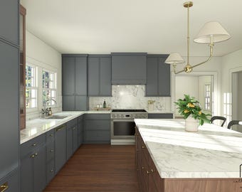 May include: A kitchen featuring dark gray cabinetry with gold hardware, white marble countertops, and a matching marble backsplash. A large central island with a wooden base sits under a gold pendant light fixture with two white fabric shades.