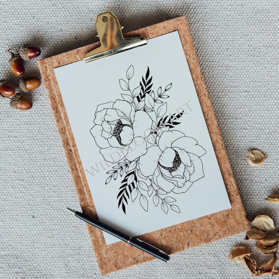 Dessin Dessiné à La Main Fleurs Botanique Imprimer Noir Et Blanc Vintage Illustration Au Trait Pivoines Vintage