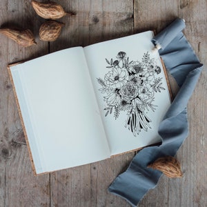 花束の線画、植物プリント、花のプリント、白黒、イラスト、手描きの花柄、線画プリント