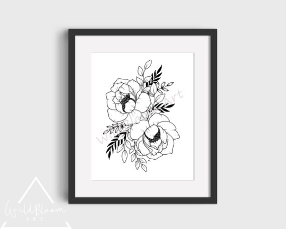 Dessin Dessiné à La Main Fleurs Botanique Imprimer Noir Et Blanc Vintage Illustration Au Trait Pivoines Vintage