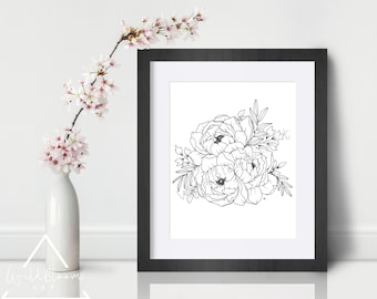 Peonies bouquet line drawing, digital download, flower drawing, pen and ink art, botanical art, peony, line art print, flower art