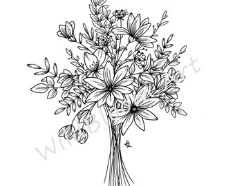 野の花の花束の線画、手描きの花、イラスト、植物の線画、野の花、野の