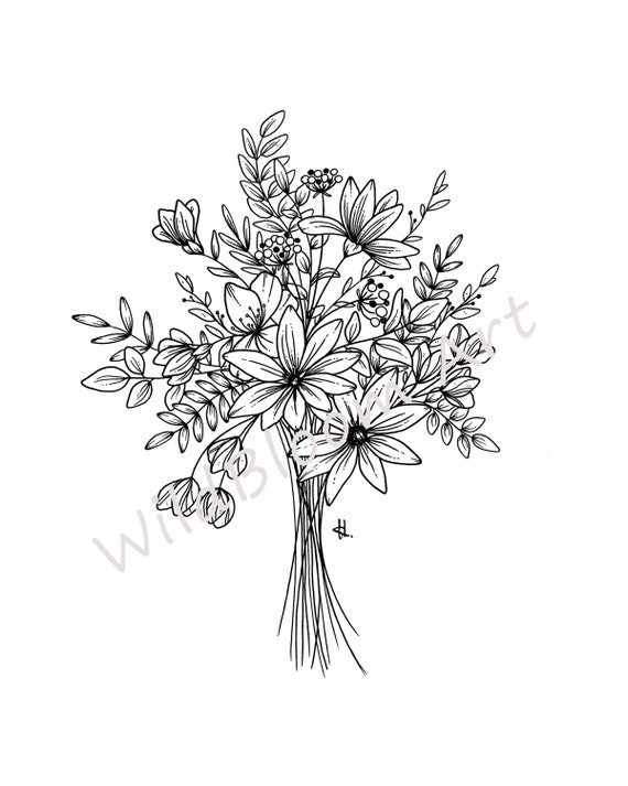 野の花の花束の線画、手描きの花、イラスト、植物の線画、野の花、野の