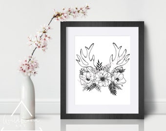 Flower deer antlers line drawing, Digital download, Printable art, line art print, botanical art, botanical illustration, floral art