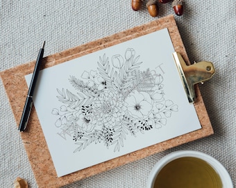 Dahlia Bloem arrangement lijntekening, Vintage kunst print, Botanische print, Zwart-wit, Illustratie, Handgetekende bloemen, lijn kunst