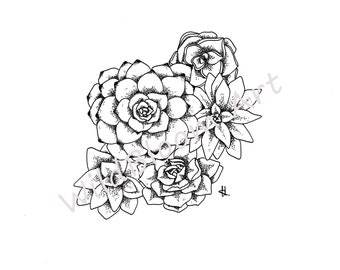 Succulents line drawing, Printable art, Botanical print, flower drawing,  line art print, floral line art, plants and nature, boho print