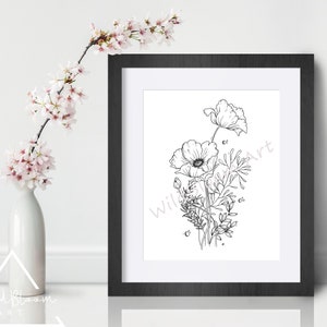 Poppy bouquet line drawing, Printable art, Digital download, line art print, poppies, botanical art, botanical print, line art, florals
