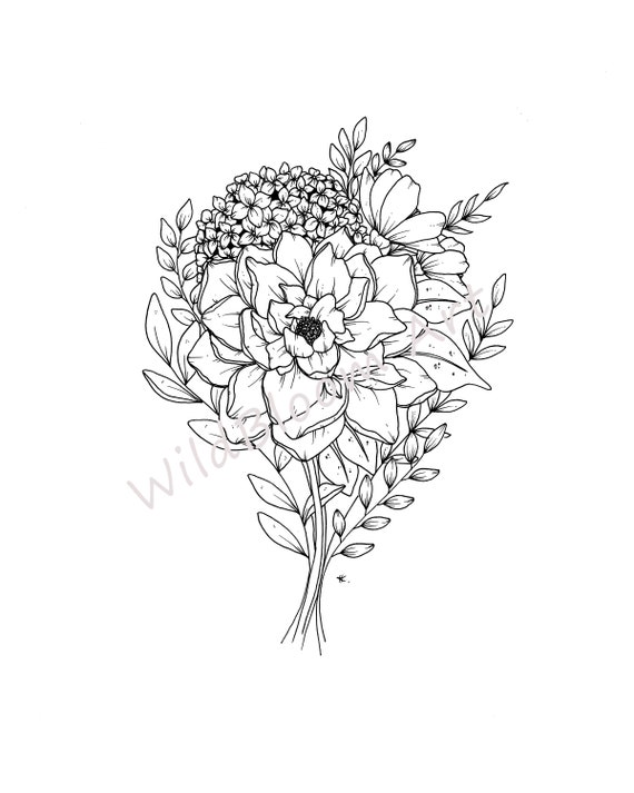 Ligne De Bouquet De Botanique Imprimer Imprimé Fleur Noir Et Blanc Illustration Dessin à La Main Fleurs Dessinées