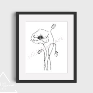 Poppy line drawing, Digital download, Botanical Illustration, Botanical art, Line art print, Flower drawing, Monochrome drawing, florals