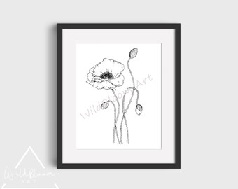 Mohnblumen Zeichnung, Digitaler Download, Botanische Illustration, Botanische Kunst, Line Art Print, Blumenzeichnung, Monochrome Zeichnung, Florals