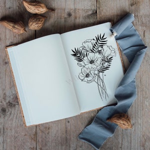Poppy black leaves bouquet line drawing, Botanical Print, Hand drawn florals, Illustration, Black and white, Line art print, poppy