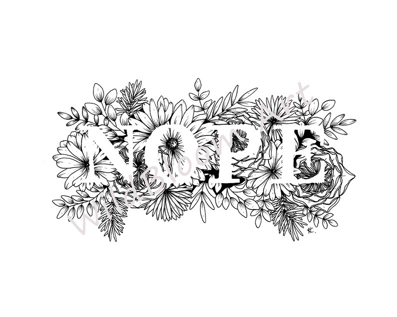 Nope Draw Floral Nope Line Drawing, Botanical Print, Lettering Print, Quote ...