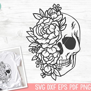 May include: Black and white line art illustration of a skull with flowers growing out of the eye socket. The skull is facing right and the flowers are on the left side of the skull.