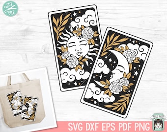 May include: Two black and white tarot cards with gold accents. The first card features a sun with a face and flowers. The second card features a crescent moon with a face and flowers. Both cards have a black background with white clouds and stars.