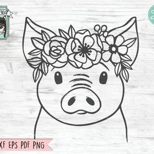 Pig SVG file, Pig with Flower Crown SVG, Pig cut file, Animal Face, Floral Crown, Pig with Flowers on Head, Cute Pig svg, Farm Animals, Barn