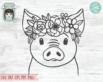 Pig SVG file, Pig with Flower Crown SVG, Pig cut file, Animal Face, Floral Crown, Pig with Flowers on Head, Cute Pig svg, Farm Animals, Barn