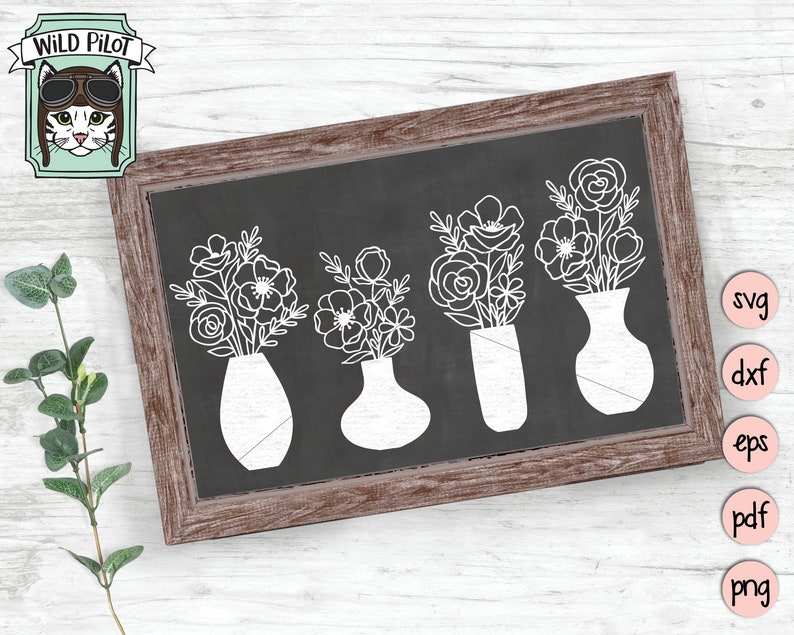 May include: Four white line drawings of flower bouquets in vases on a black chalkboard background. The chalkboard is framed in brown wood.