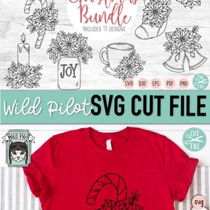 May include: A digital download of 11 Christmas-themed SVG cut files. The designs include a candy cane, poinsettia, candle, coffee cup, and more. The files are perfect for creating custom crafts, decorations, and apparel.