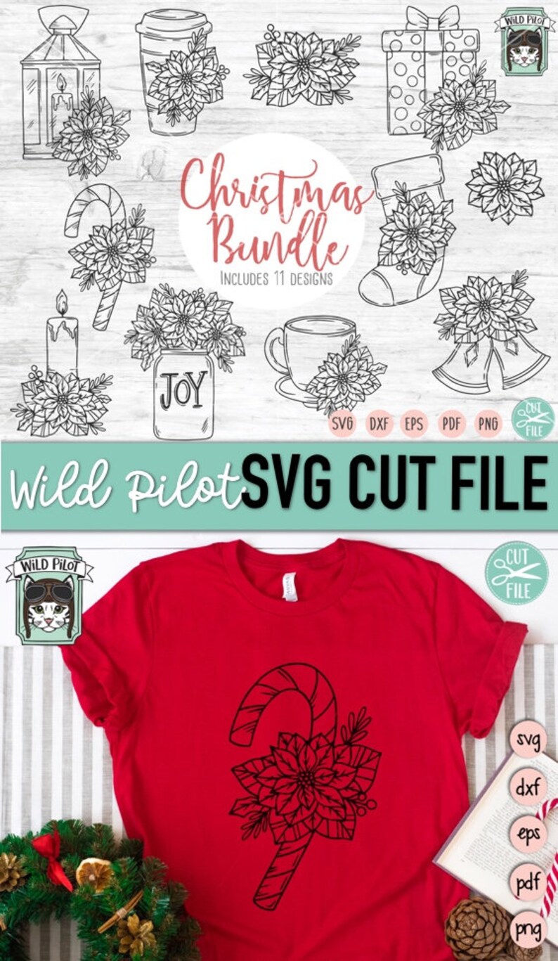 May include: A digital download of 11 Christmas-themed SVG cut files. The designs include a candy cane, poinsettia, candle, coffee cup, and more. The files are perfect for creating custom crafts, decorations, and apparel.