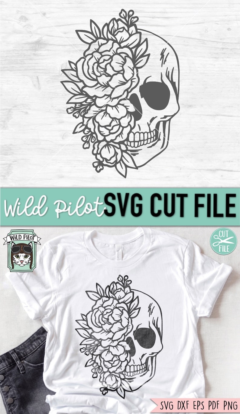 May include: A black and white line art design of a skull with flowers covering one eye. The skull is facing right and has a detailed design. The flowers are stylized and have a simple design. The design is on a white t-shirt.