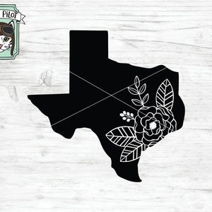 May include: Black and white silhouette of the state of Texas with a floral design in the bottom right corner. The floral design includes a large flower with leaves and stems.