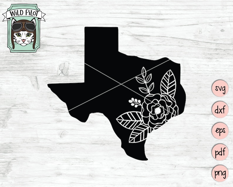May include: Black and white silhouette of the state of Texas with a floral design in the bottom right corner. The floral design includes a large flower with leaves and stems.