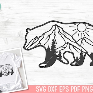 Bear SVG, Bear Silhouette SVG, Bear Mountain Scene, Forest Trees, Camping svg, Hiking svg, Adventure svg, Mountain Range svg, Outdoors svg