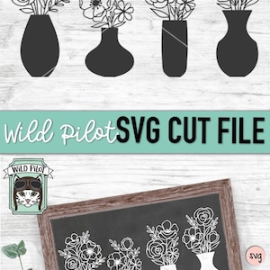 May include: A set of three black and white SVG cut files featuring floral bouquets in vases. The files are available in SVG, DXF, EPS, PDF, and PNG formats.