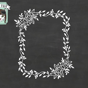 May include: A white floral wreath frame on a black chalkboard background. The wreath is made of vines with leaves and flowers. The text "Wild Pilot" is in the top left corner of the image.