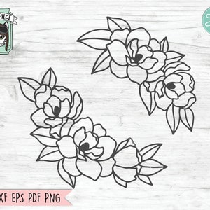 May include: A black and white line drawing of two floral arrangements. Each arrangement features a cluster of five flowers with leaves. The flowers are stylized and resemble peonies.