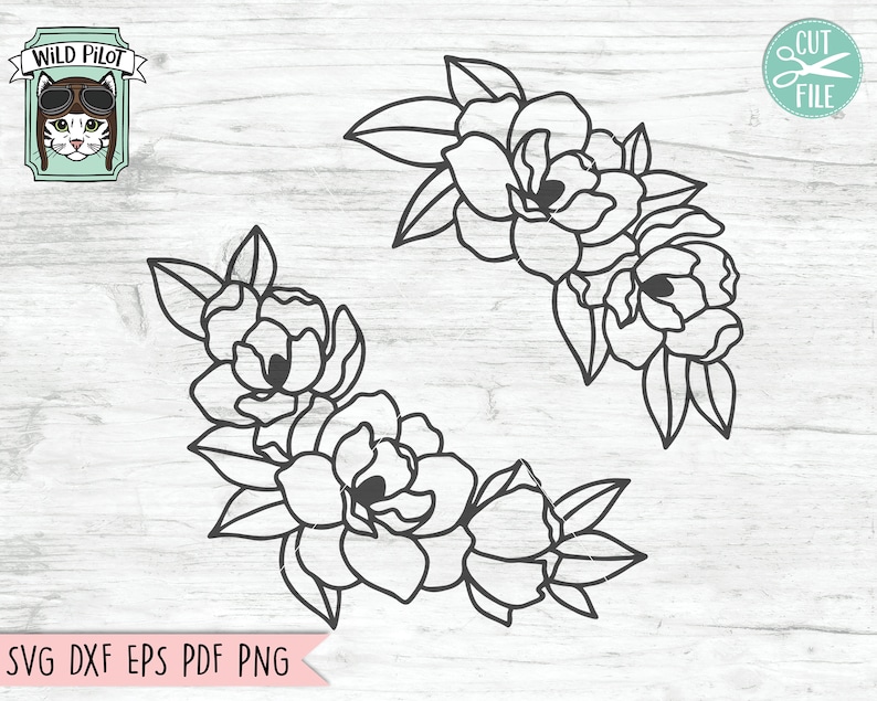 May include: A black and white line drawing of two floral arrangements. Each arrangement features a cluster of five flowers with leaves. The flowers are stylized and resemble peonies.