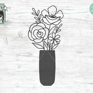 May include: A black and white line drawing of a bouquet of flowers in a vase. The flowers are stylized and include roses, daisies, and other blooms. The vase is a simple, cylindrical shape.