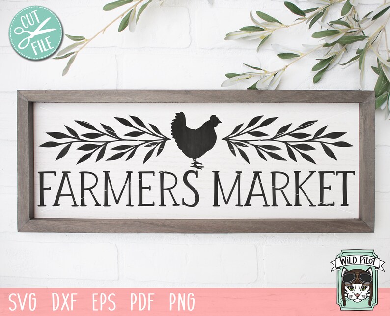 Op de afbeelding: Zwart-witte silhouet van een kip met bladeren aan weerszijden van de kip. De tekst "FARMERS MARKET" staat onder de kip en de takken.