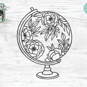 May include: A black and white line drawing of a globe with floral designs. The globe is on a stand with a round base.