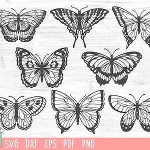 May include: Seven black butterfly designs with detailed wing patterns are displayed. The image includes the text "SVG DXF EPS PDF PNG" and a logo with a cat wearing a pilot's hat. A pink banner is at the bottom of the image.